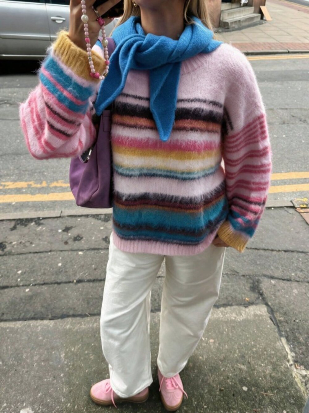 Baby Pink Casual Women's Fuzzy Drop Shoulder Striped Round Neck Loose Pullovers